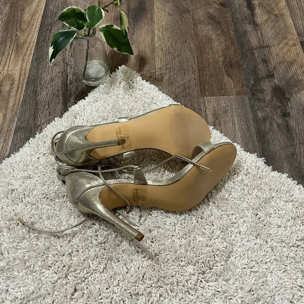 Lulu's Size 7 Champagne Metallic Lace-Up Peep Toe Stiletto Aimee Heels